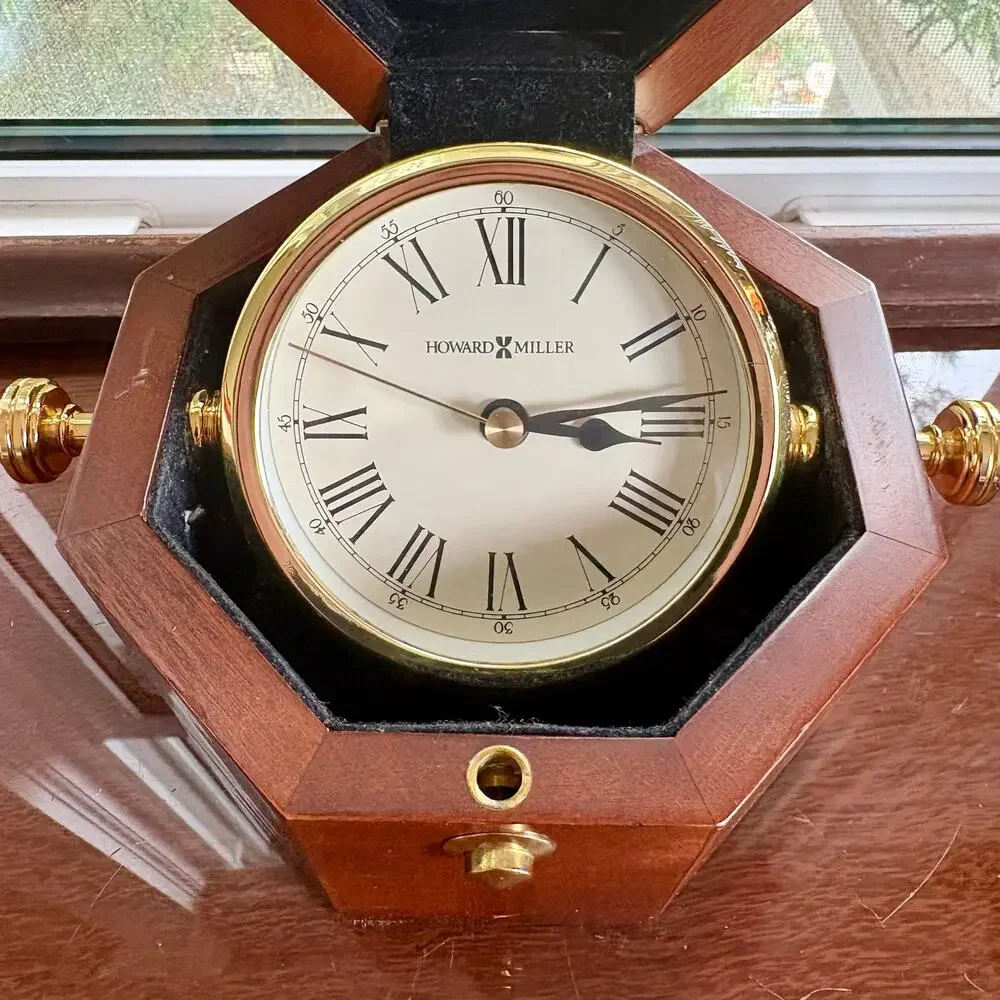 Vintage Howard Miller Hinged Wood Desk Clock Rotating Brass Roman Numeral